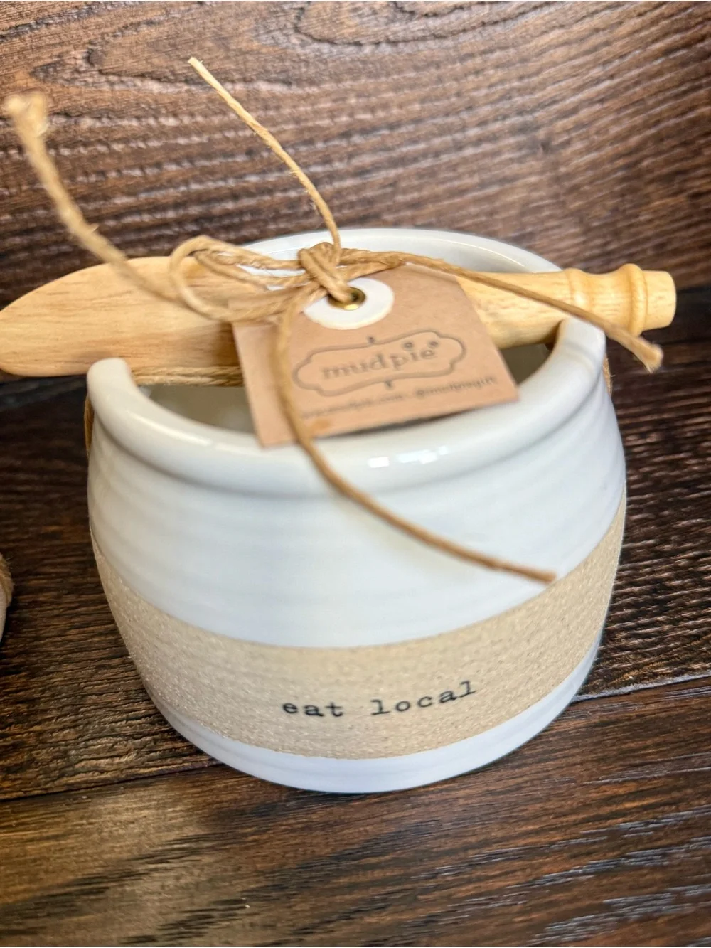 Mud Pie White and Tan Ceramic Farmhouse Jars with Wooden Spoons